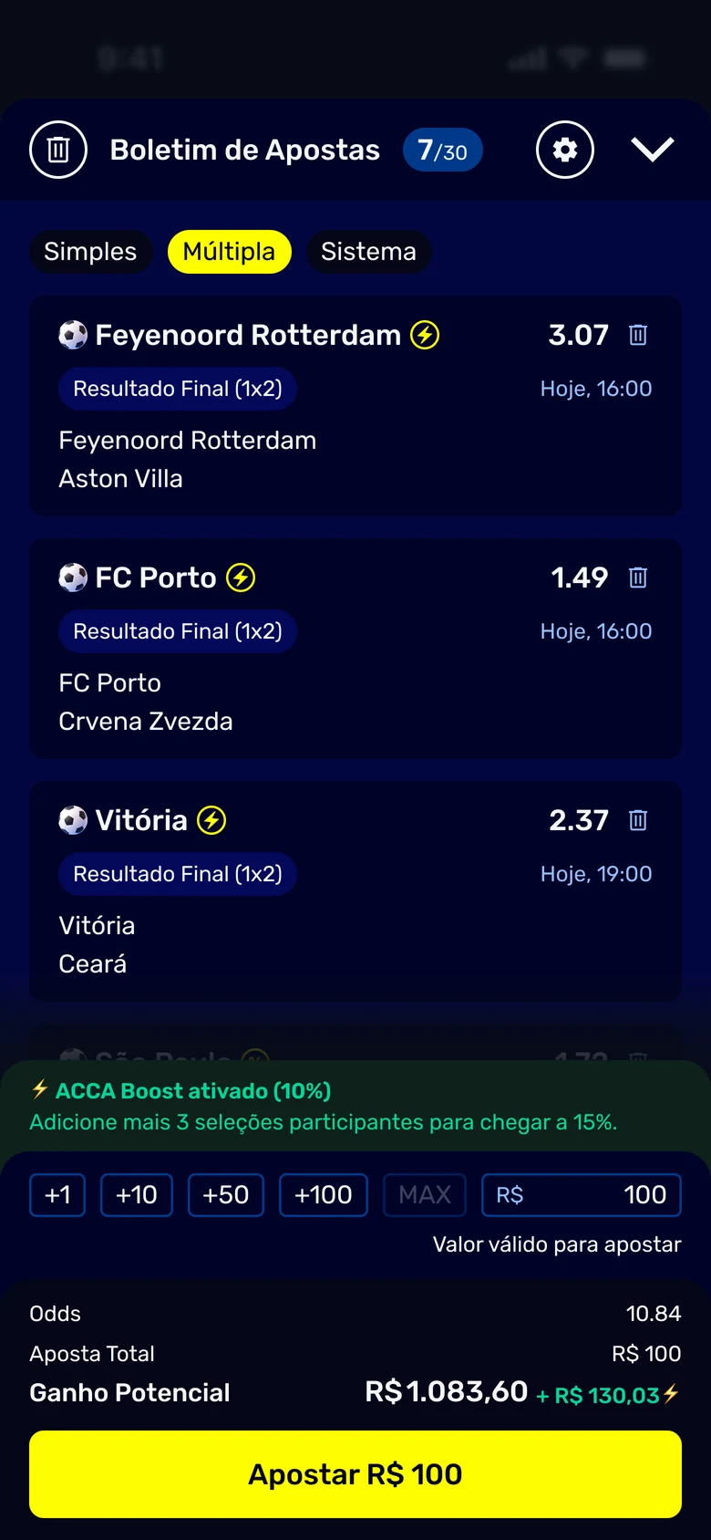 A Multiple whose selections carry a boost badge, under a green line reading that the ACCA Boost is active at ten per cent and that three more participating selections reach fifteen.