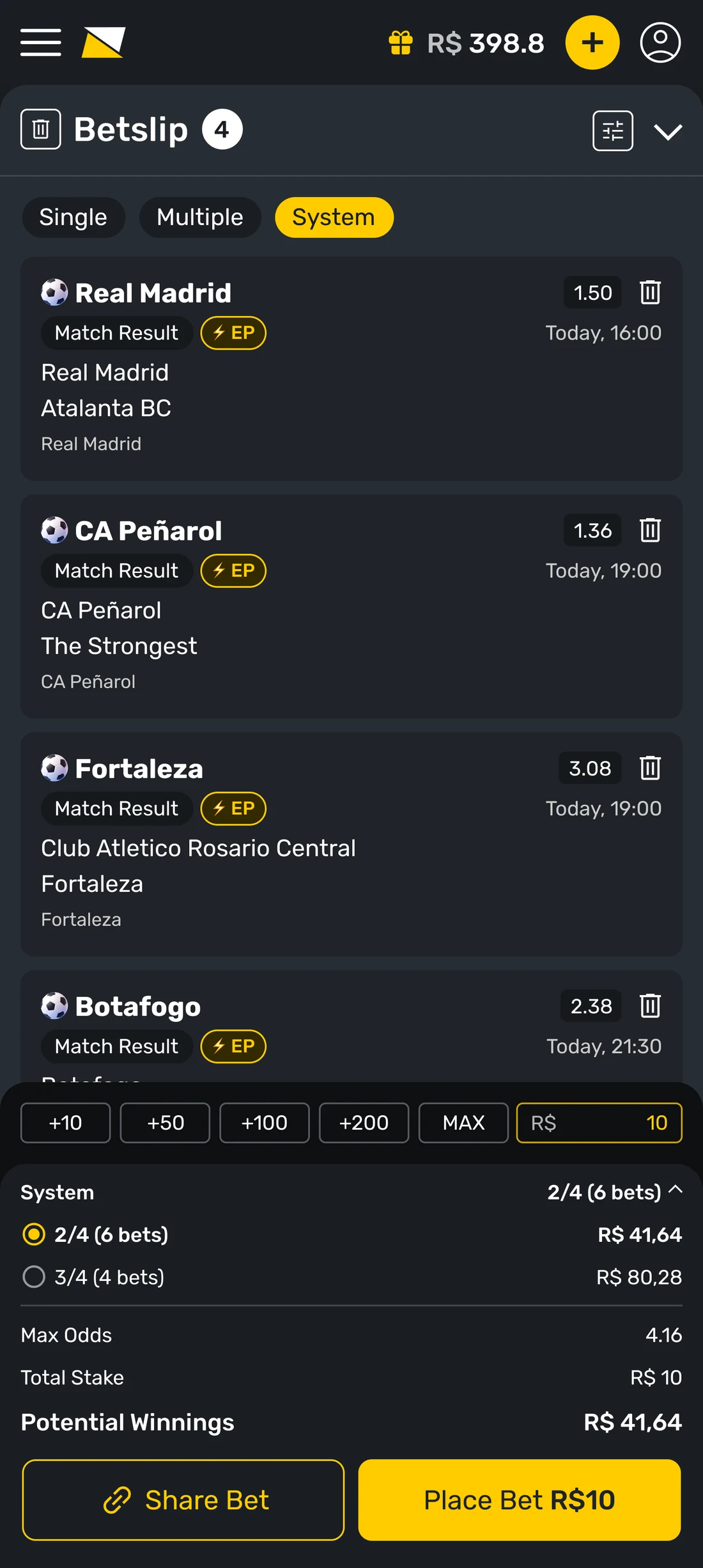 An earlier design of the betslip on the System tab: four selections, and a system panel in the footer listing two combination options as plain rows with a radio and the return beside each.