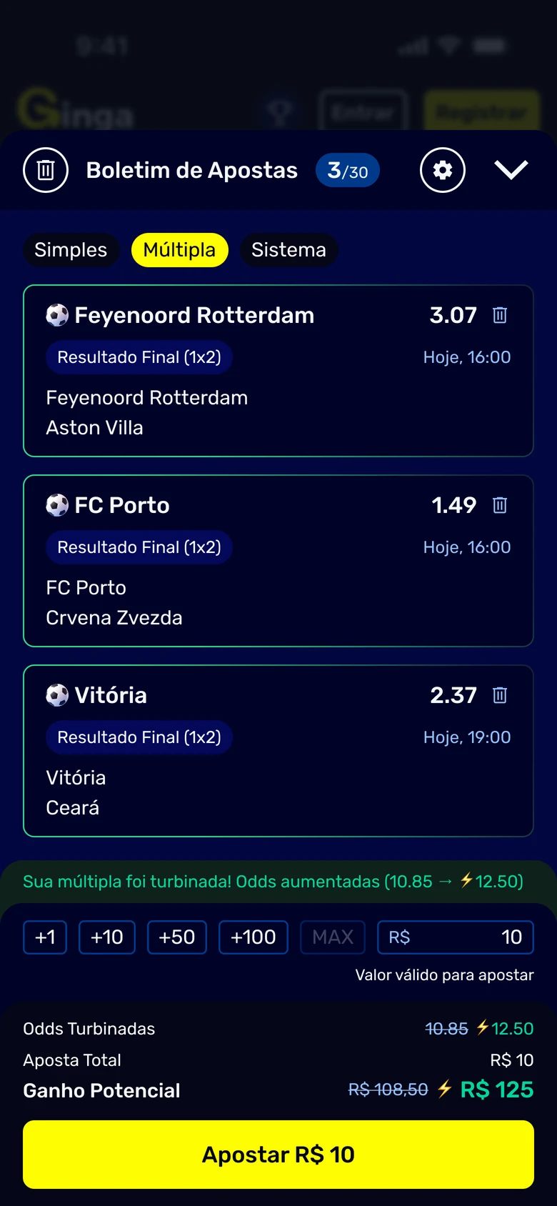 The slip open over the sportsbook, holding a Multiple with its selections outlined in green, a line saying the Multiple was boosted from 10.85 to 12.50, and a summary that adds a boosted odds row above the potential return.