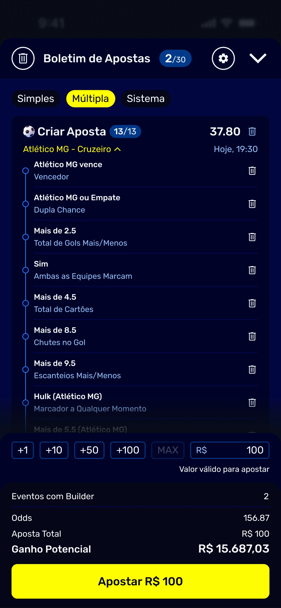 The betslip on the Multiple tab with a Bet Builder bet expanded to thirteen selections from a single match, each on a connected rail with its market underneath and its own delete control, above the slip stake row and the summary.