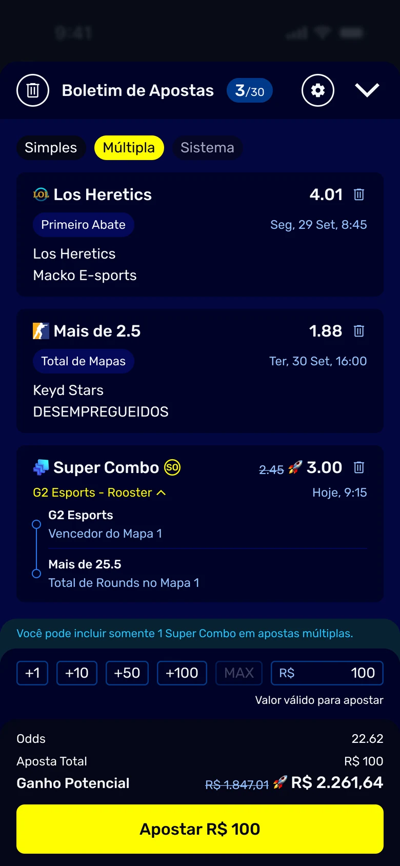 An eSports Multiple holding a total maps selection and a Super Combo card, the combo expanded into its legs, map winner and total rounds on map one, under a line limiting the slip to one combo.