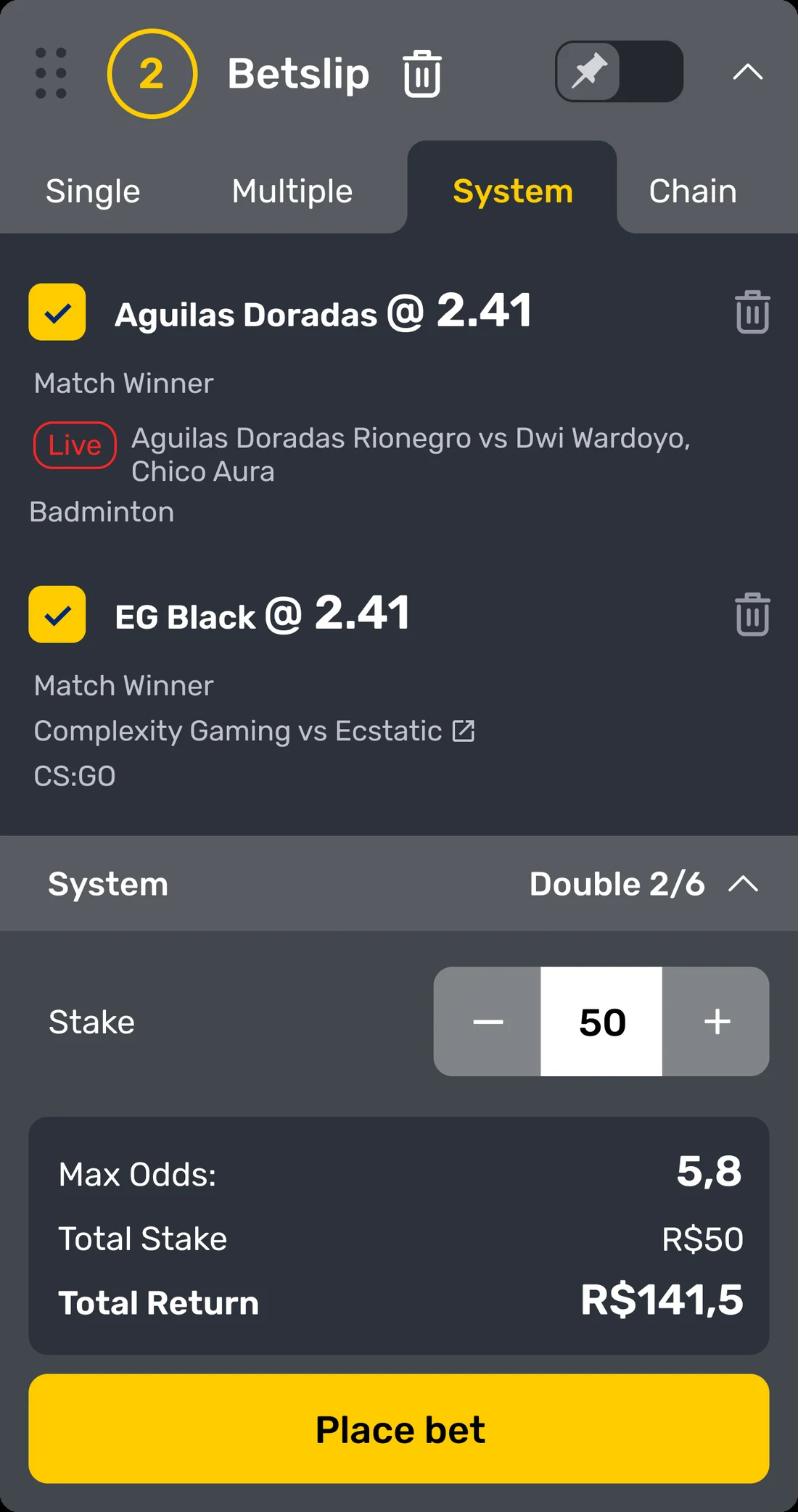 The inherited betslip on the System tab: four tabs including Chain, two selections listed one after another with their odds set large beside the team names, a single stake stepper at 50, and a summary of max odds, total stake and total return above a Place bet button.