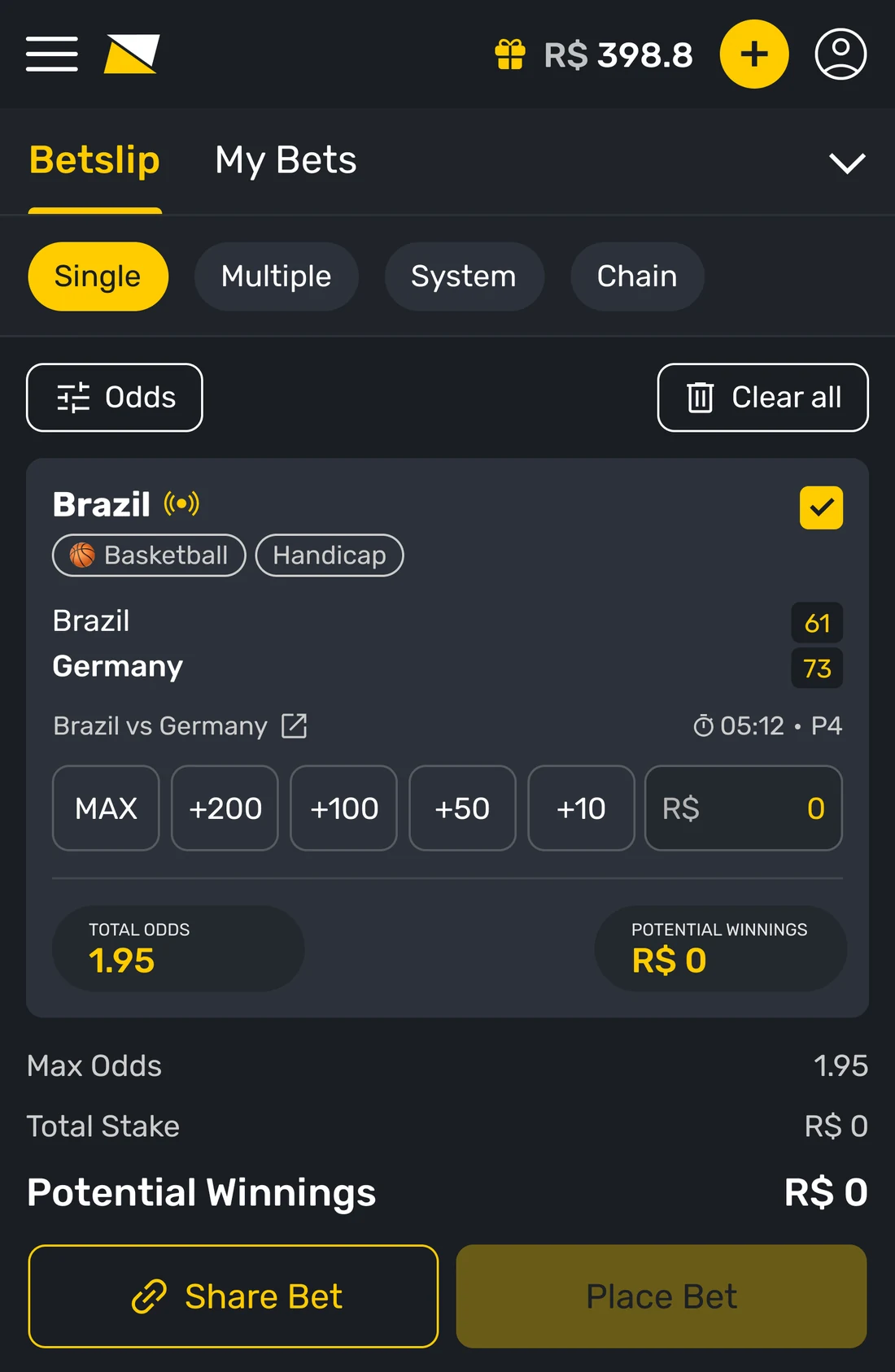 The redesigned betslip in its empty state on the Single tab: one bet as a card carrying its sport and market chips, the live score, its own stake row and its own total odds and potential winnings, with odds preferences and clear all in a toolbar above it.