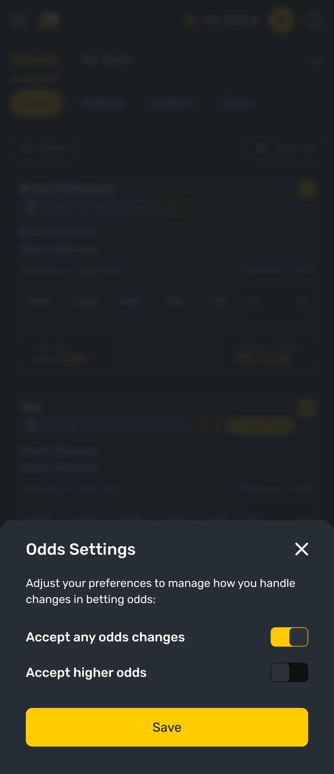 An Odds Settings sheet over a dimmed betslip, headed by a line about managing how odds changes are handled, with a switch for accepting any odds change, a switch for accepting higher odds only, and a Save button.