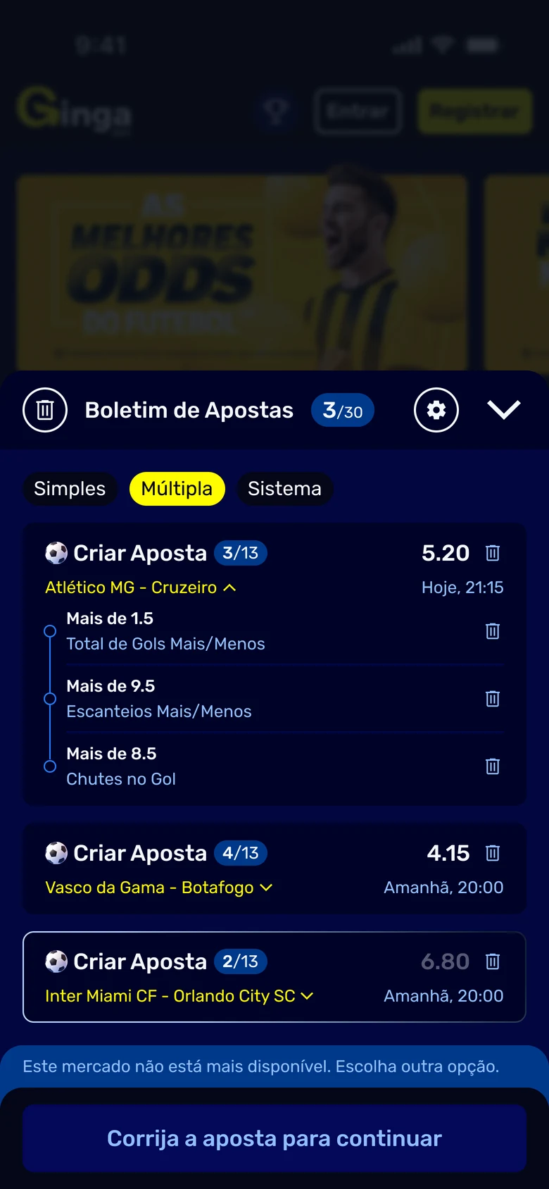 The slip open over the sportsbook, holding a Multiple where one bet is outlined and its odds greyed out, under a message saying the market is no longer available and asking the player to choose another option, with the primary button asking for the bet to be corrected.