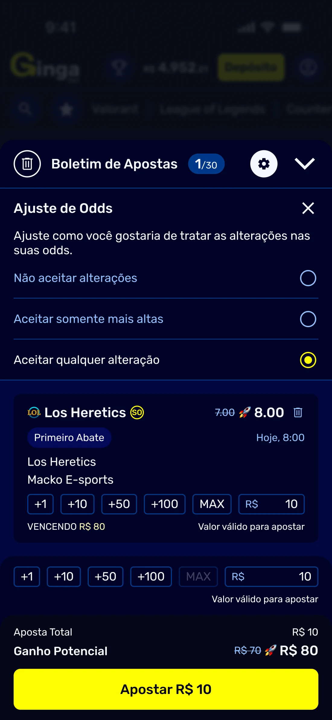 The betslip with the odds adjustment section open inside it, directly under the header: three options to refuse changes, to accept only higher odds, or to accept any change, with the bet and the stake row below.