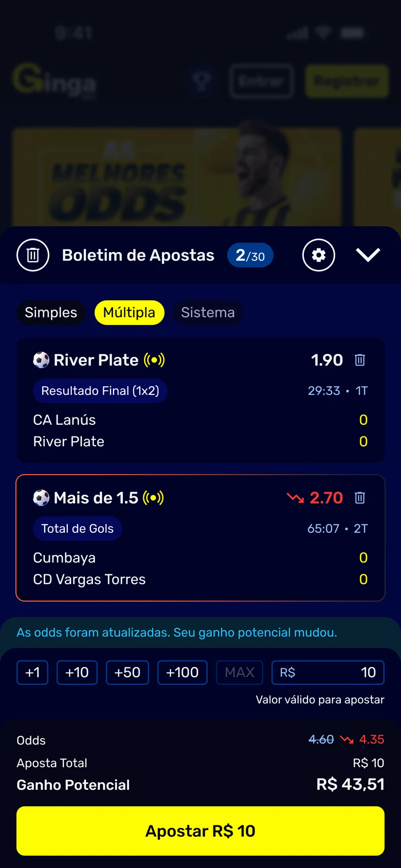 The same screen with the other bet’s odds fallen: a downward arrow beside its price in red, the same line saying the odds were updated, the previous and current odds in the summary, the potential return recalculated, and a primary button reading Apostar R$ 10.