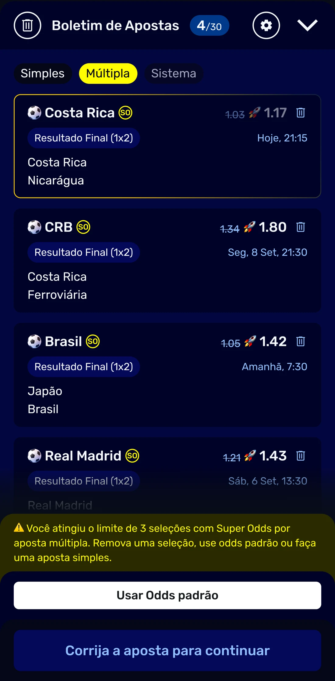 A Multiple of boosted selections under a message stating that the limit of three boosted selections per multiple has been reached and naming the ways out, with a button offering standard odds and the primary button asking for the correction.