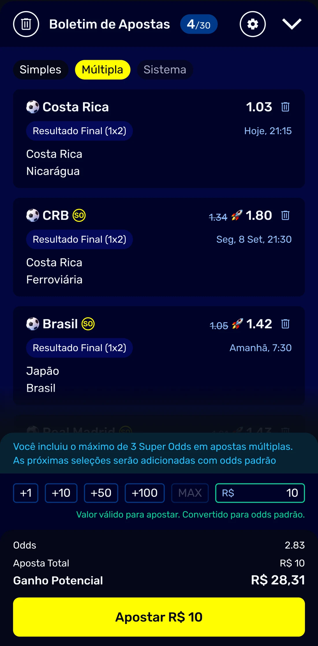 The same slip after one selection has returned to its standard price: its boost marking gone, a line explaining that further selections are added at standard odds, and the primary button offering to place the bet again.