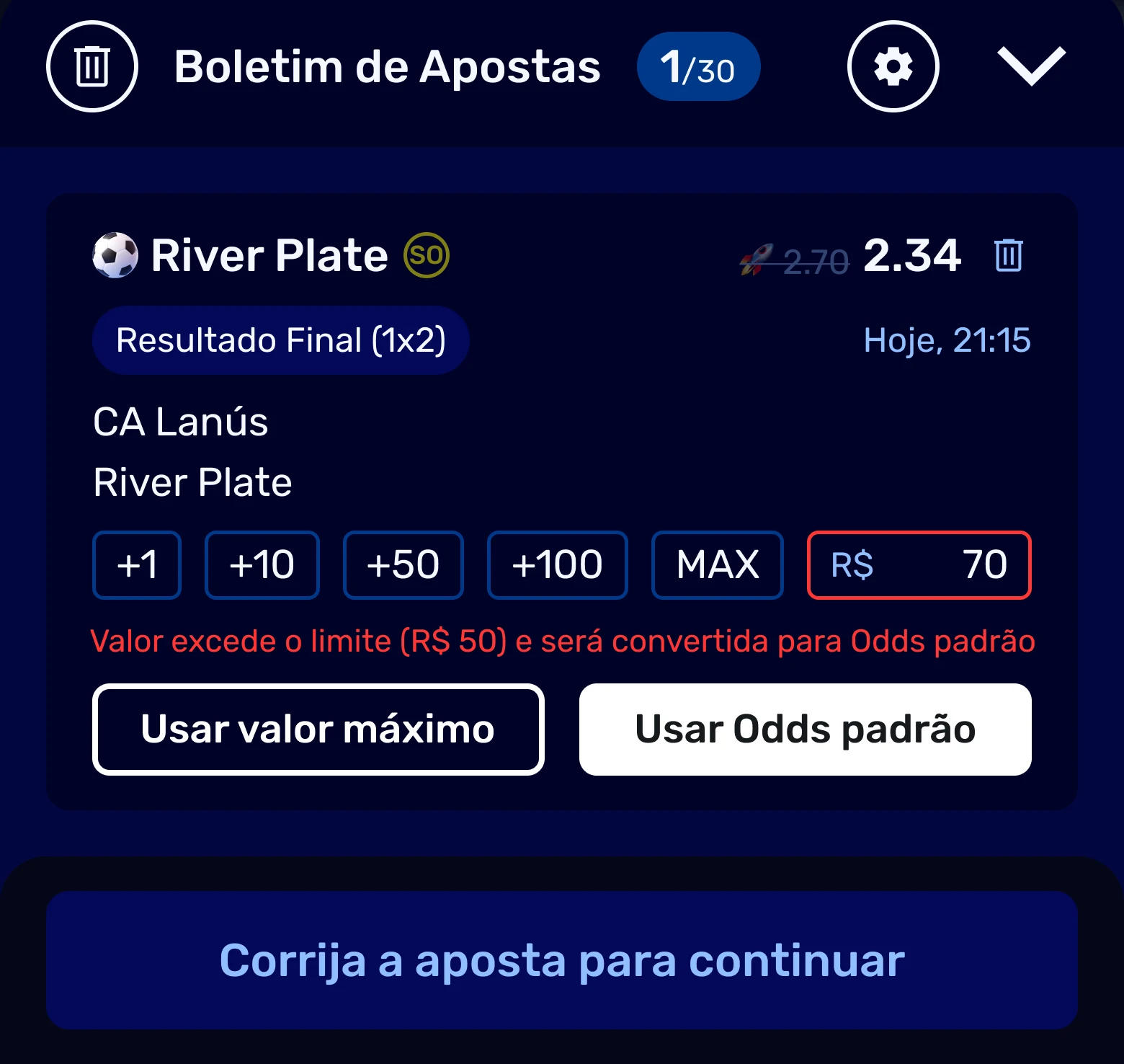 A single bet at a boosted price with the stake field outlined in red, a line saying the amount exceeds the offer limit and would be converted to standard odds, and two buttons on the bet itself offering to use the maximum amount or to use standard odds.