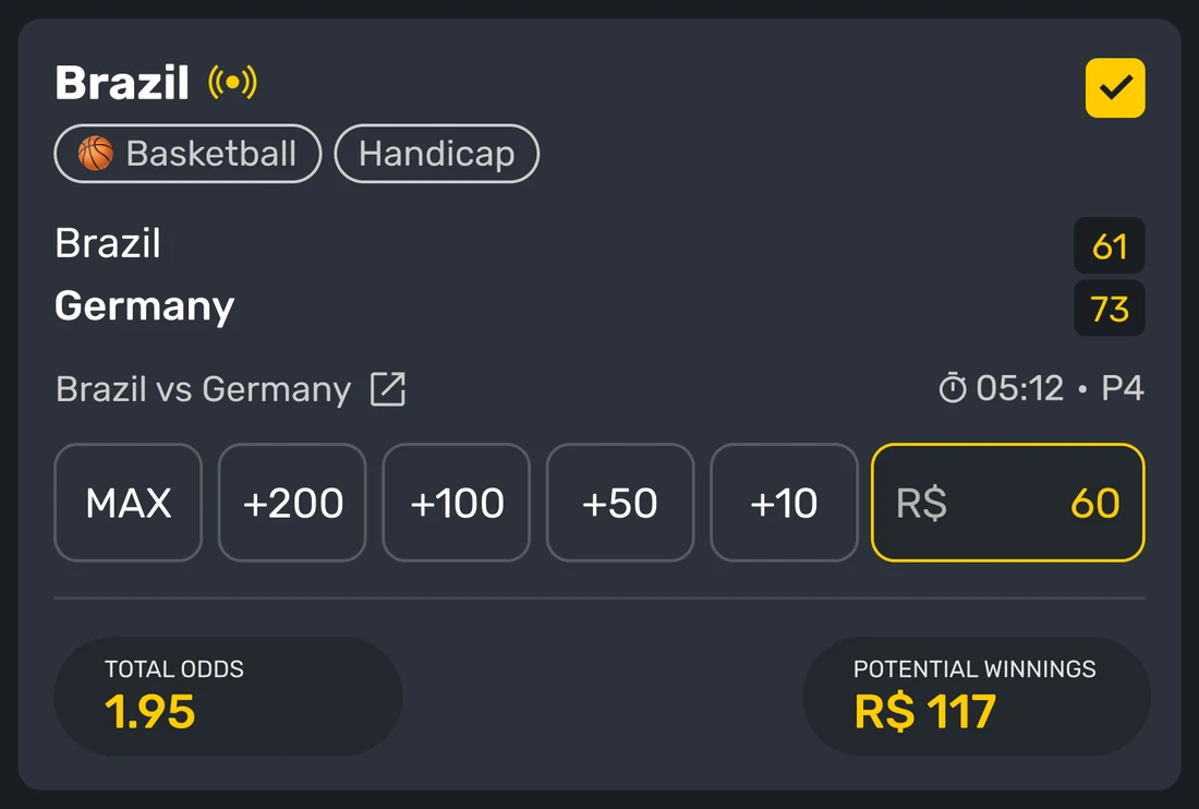 One single bet as its own card: the selection, its sport and market chips, the live score, a row of quick stake amounts with a typed field, and that bet’s own total odds and potential winnings.