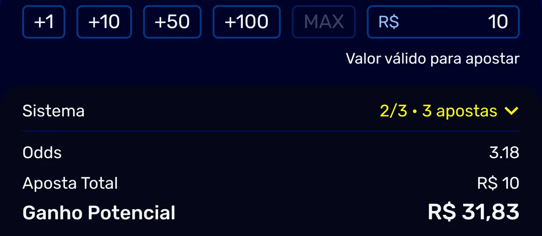 The foot of a System slip: a single row of quick stake amounts with a typed field, above a summary naming the combination, two of three across three bets, with the odds, the total stake and the potential return.