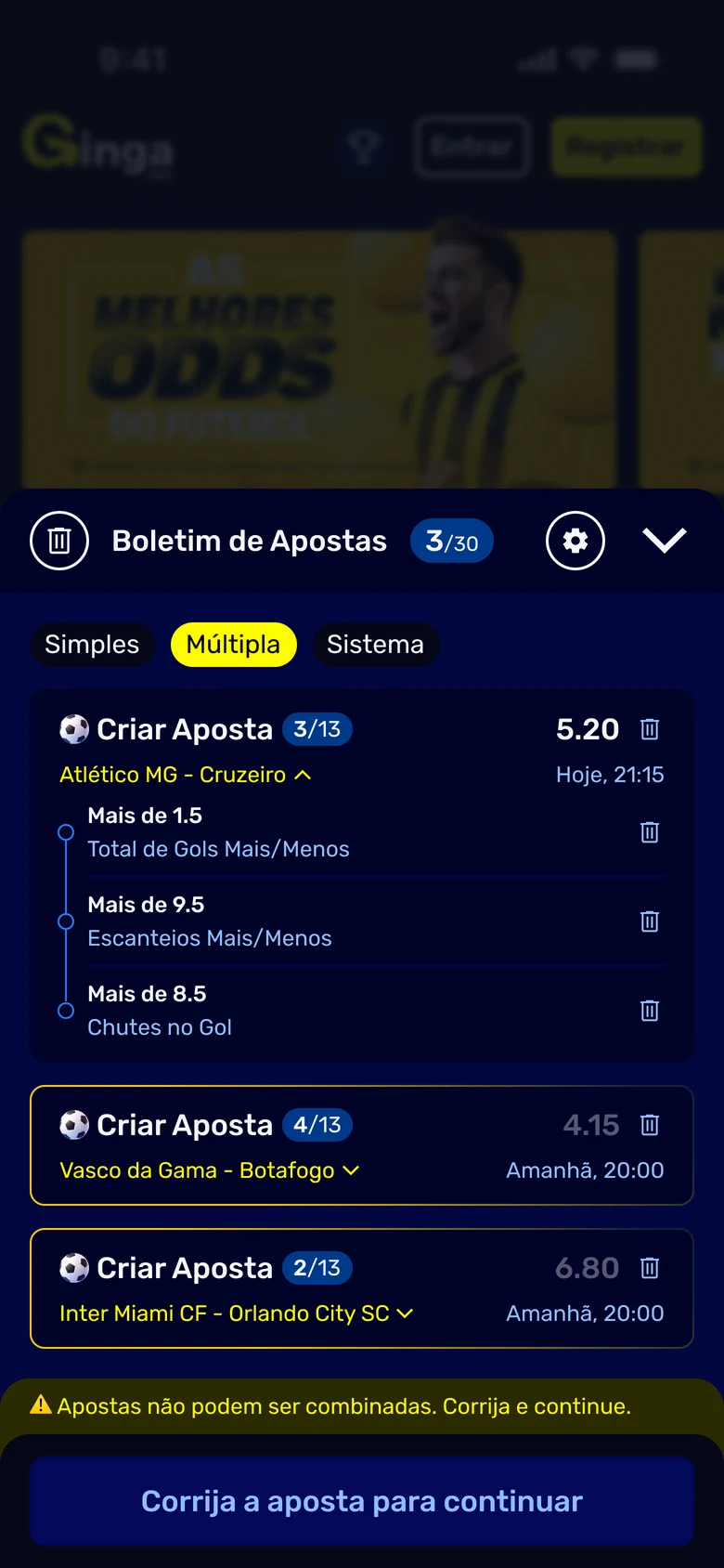 The slip open over the sportsbook, holding a Multiple with two bets outlined in yellow under a message saying the bets cannot be combined and asking the player to correct and continue, with the primary button asking for the correction.