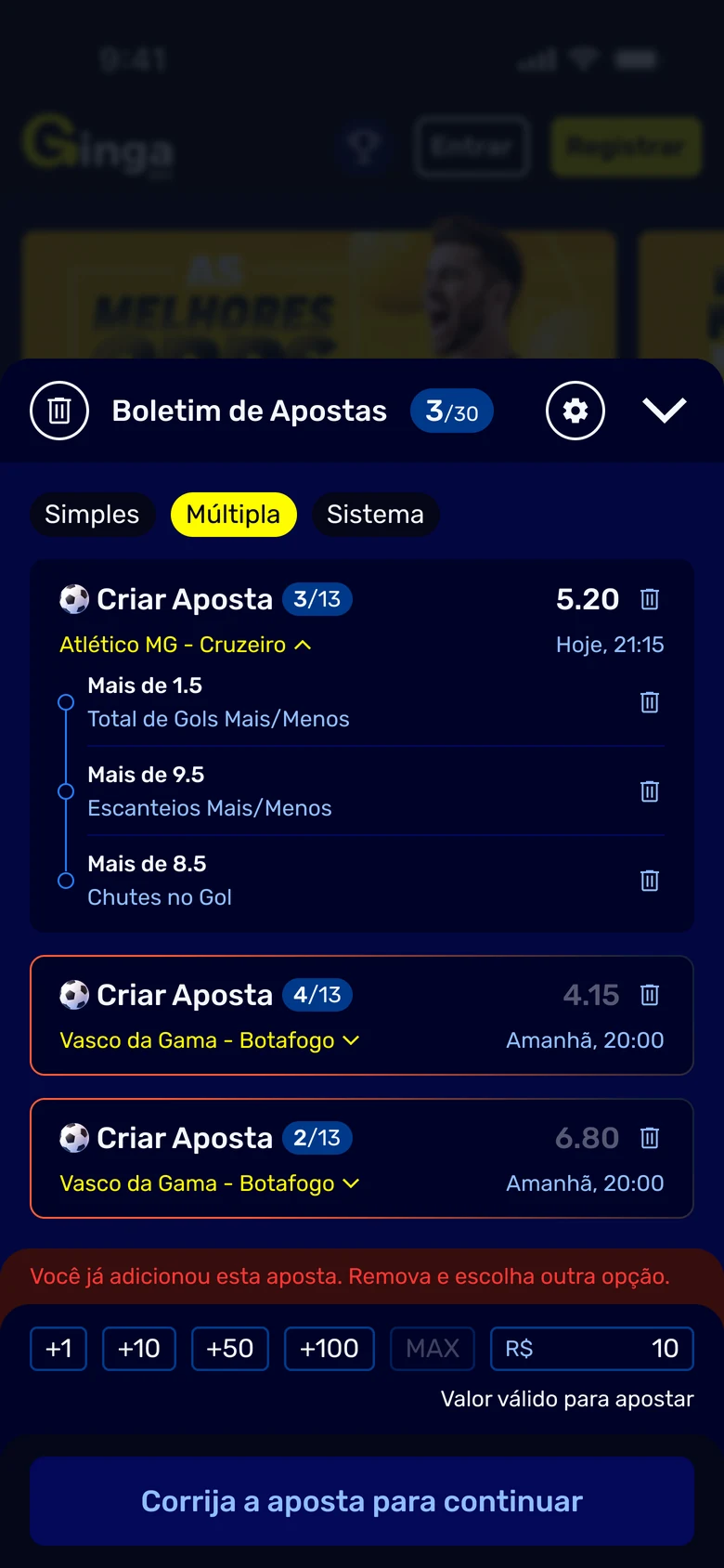 The slip open over the sportsbook, holding the same fixture twice, both bets outlined in red with their odds greyed, under a message saying the bet has already been added and asking the player to remove it and choose another.