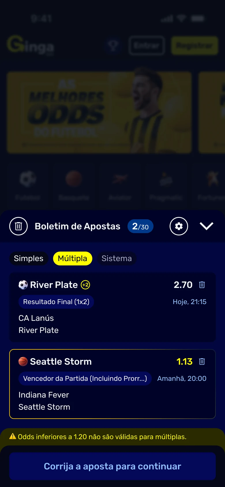 The slip open over the sportsbook, holding a Multiple with one bet outlined and its odds shown in yellow, under a message stating that odds below 1.20 are not valid for multiples, with the stake row and totals removed and the primary button asking for the correction.