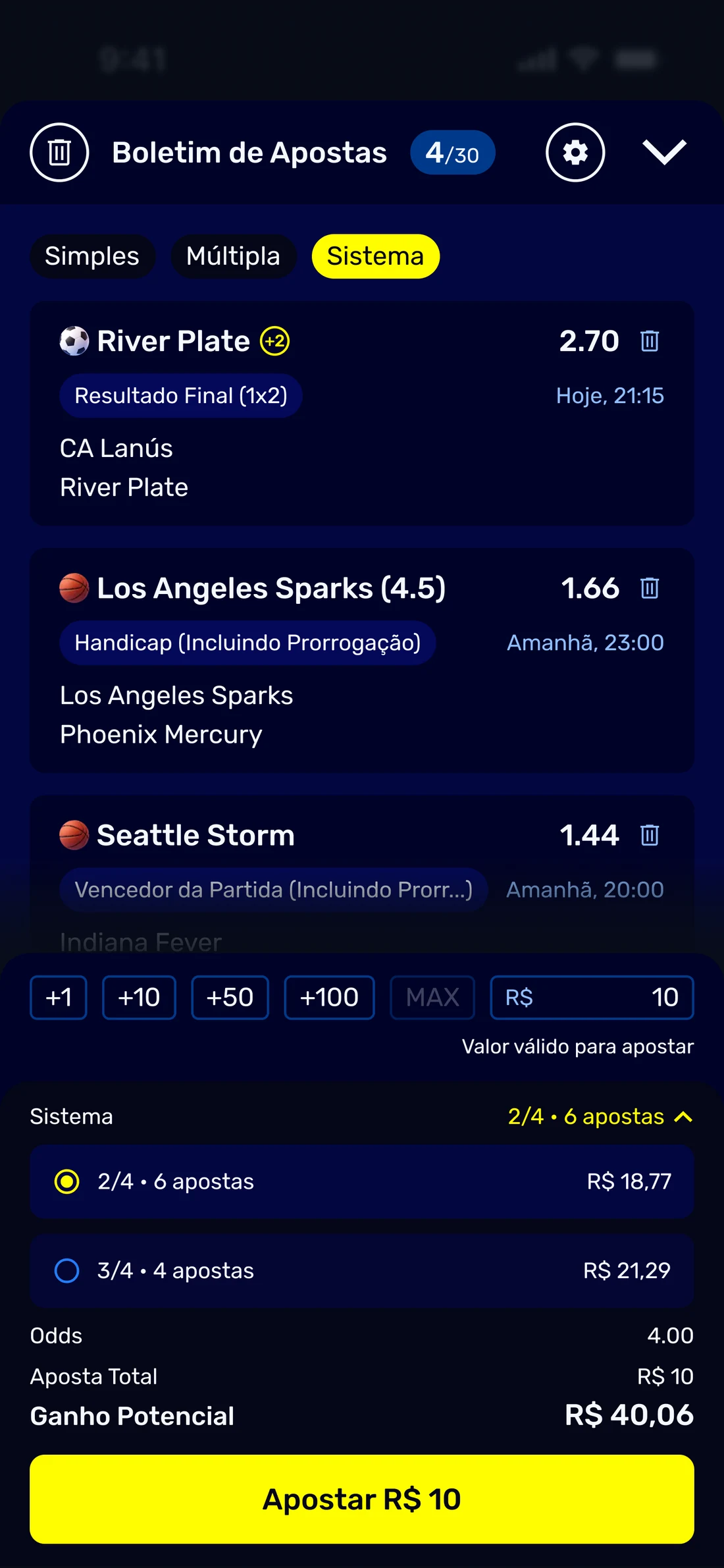 The same betslip with the system row open on four selections: two selectable options, two of four across six bets and three of four across four bets, each with the return it pays beside it.