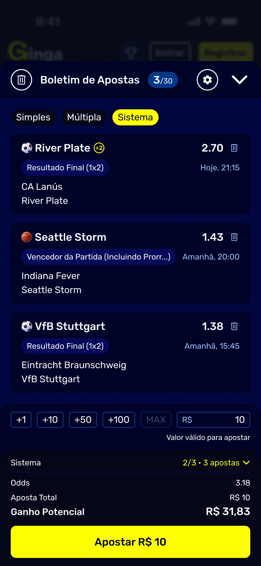 The betslip on the System tab with three selections, and a closed system row at the foot reading two of three, three bets, above the odds, total stake and potential return.