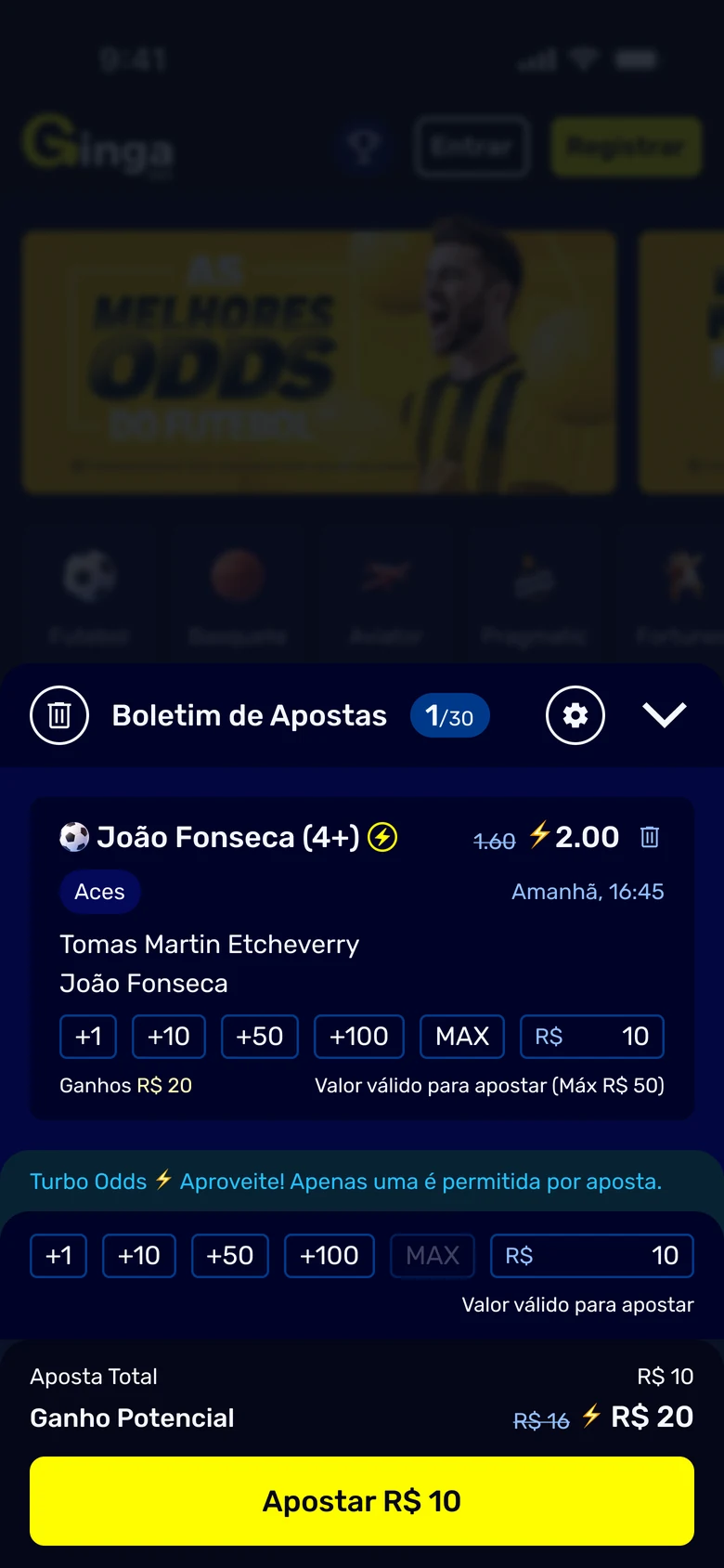 The slip open over the sportsbook home screen, holding a single bet on a player market at a boosted price, its stake row showing the maximum accepted for the offer, under a line saying only one Turbo Odds is allowed per bet.