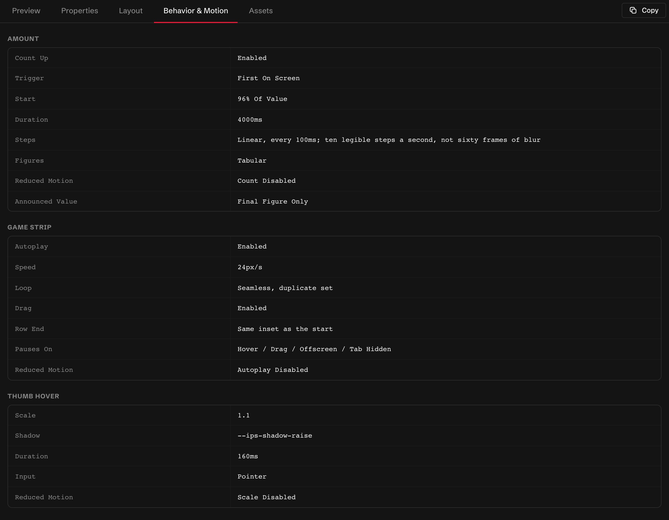 The Behavior & Motion tab of the Jackpot Thumbnail: rows for the amount count-up, the game strip autoplay and pauses, the thumbnail hover, and their reduced-motion values.