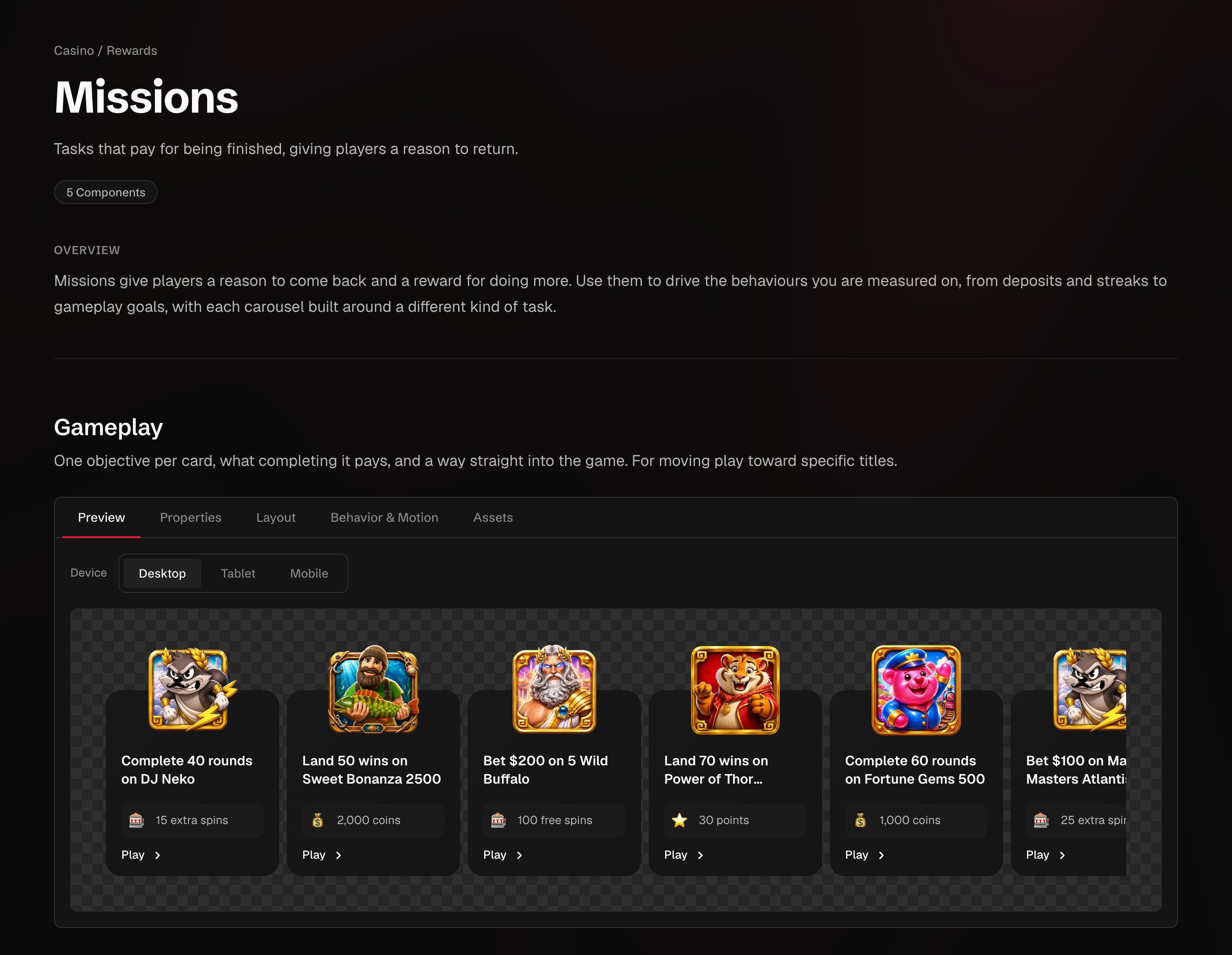 The Missions page of the catalogue: breadcrumb, title, description, a count of five components, an overview paragraph and the first component, Gameplay, with its tabs, device switch and a preview of six mission cards.