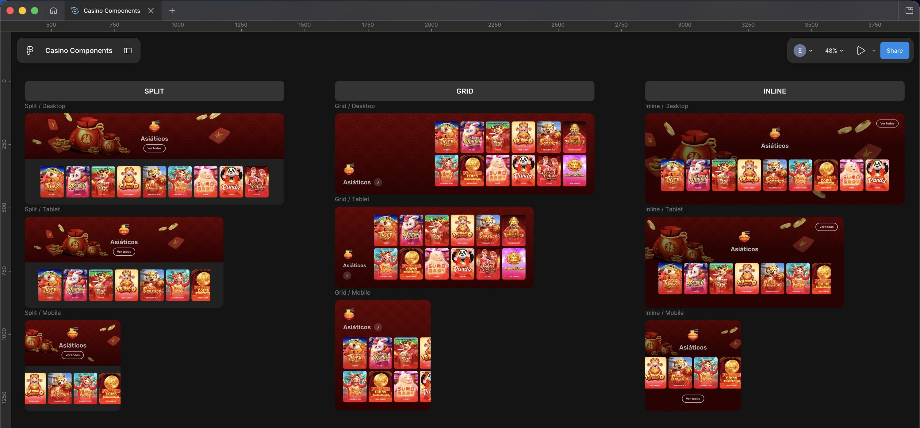 A Figma window showing the Game Category Banners component in three arrangements, Split, Grid and Inline, each drawn for desktop, tablet and mobile.