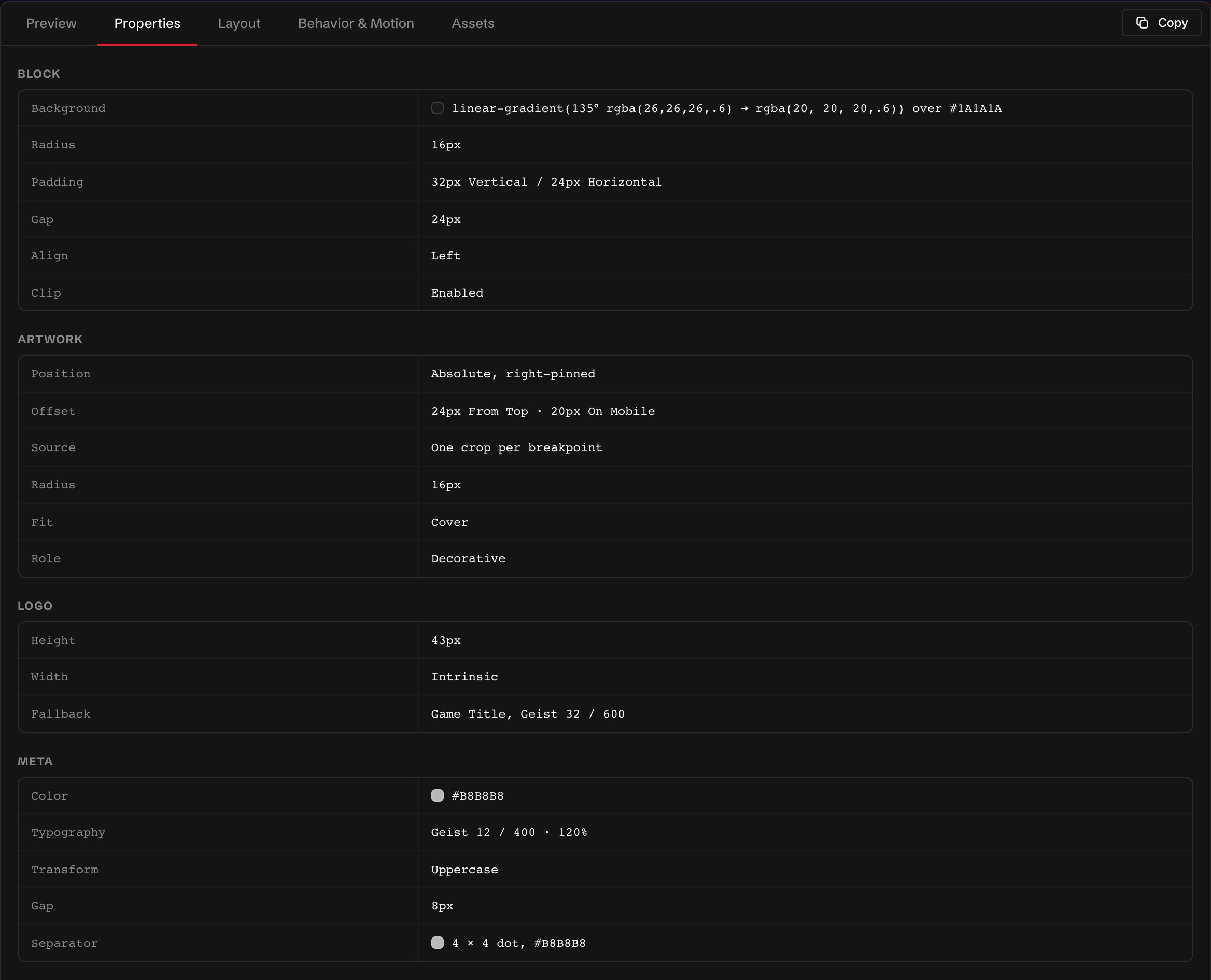 The Properties tab of the Jackpot Thumbnail in the catalogue: four groups, Block, Artwork, Logo and Meta, listing properties such as background, radius, padding, position, source, height, color and typography with their values.