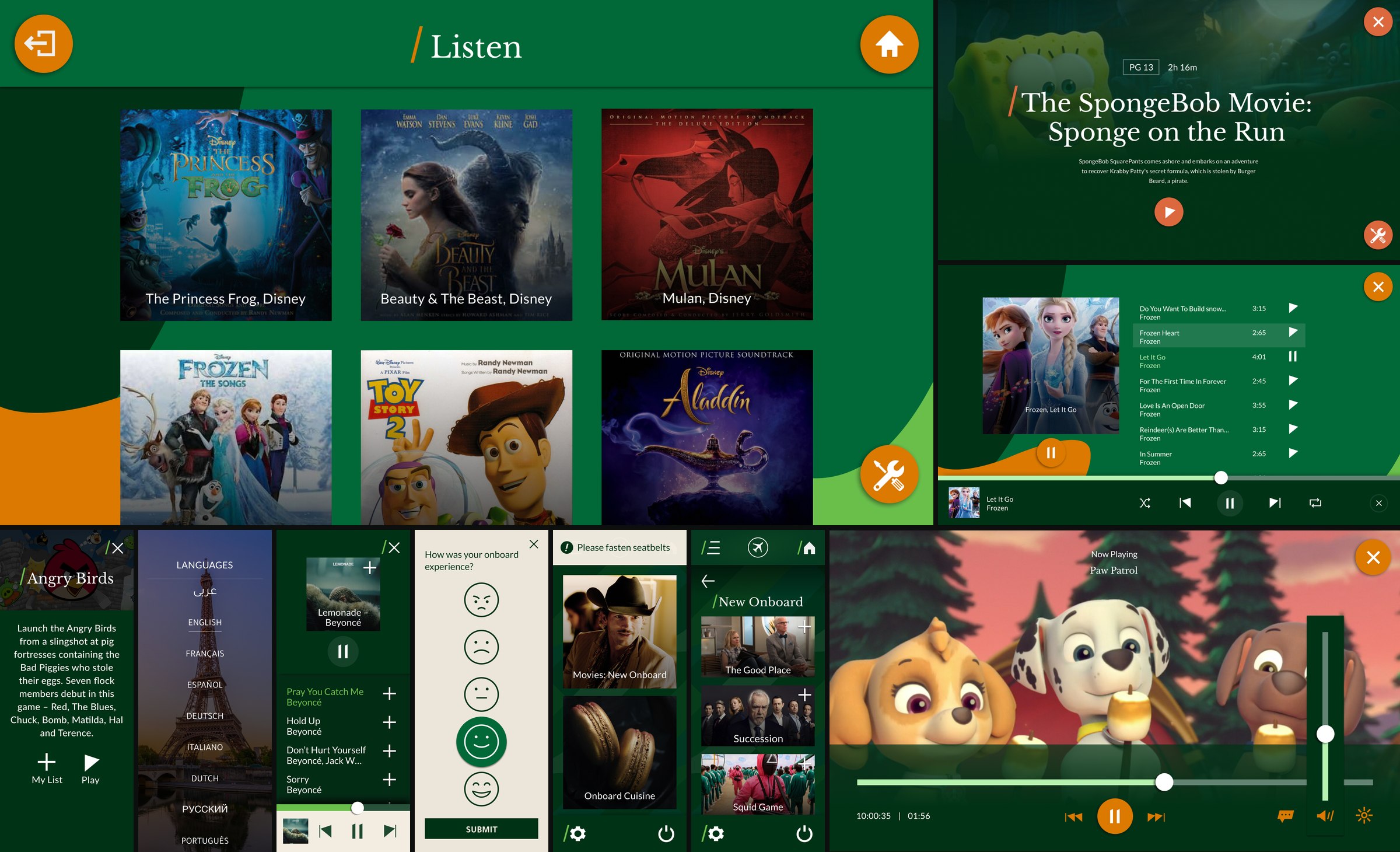 A sample of the ~200 interfaces, seatback and handset together: Listen, movie pages, players, games, service notices, settings.